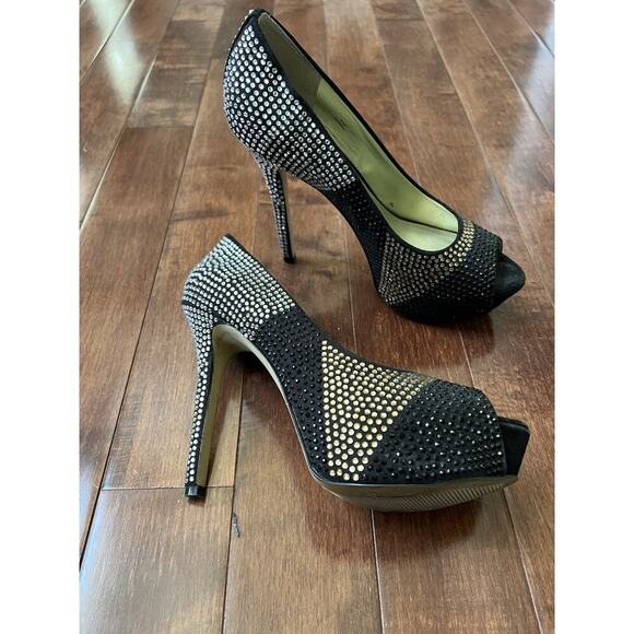 Vintage Enzo Angiolini Black Silver Gold Pumps Heels Rhinestone Women’s 8 1/2 - Picture 6 of 8